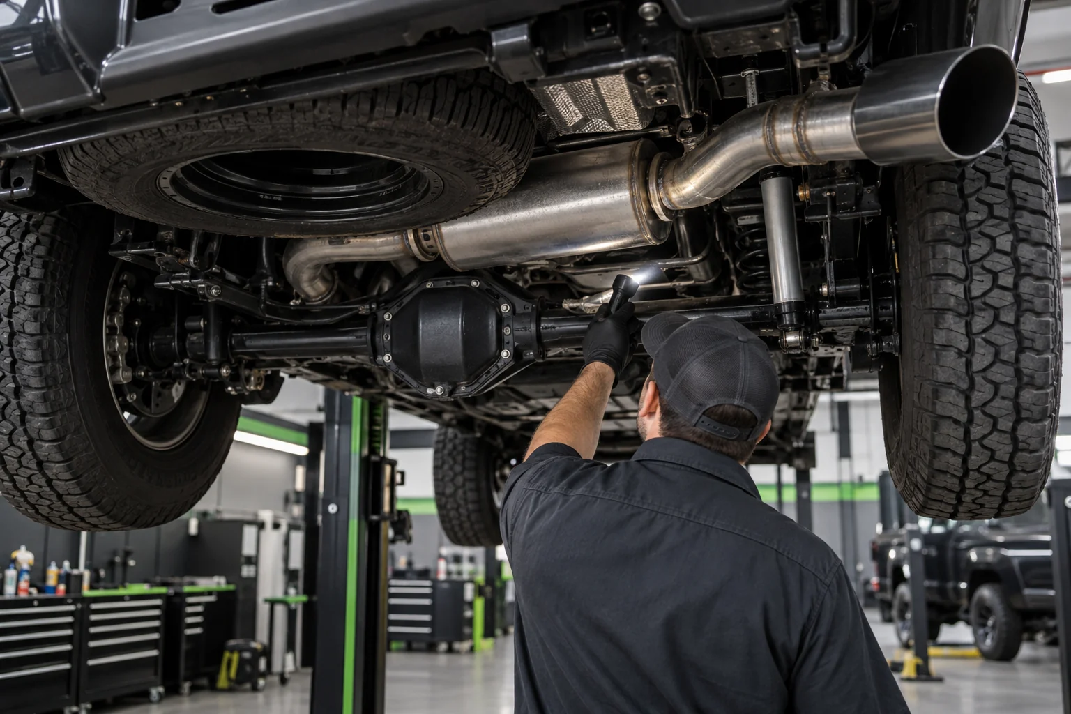 Technician inspecting an exhaust concern beneath a truck
