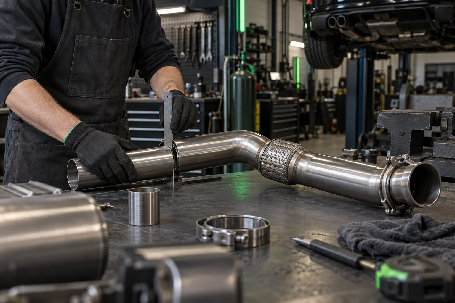 Custom stainless exhaust being test fitted