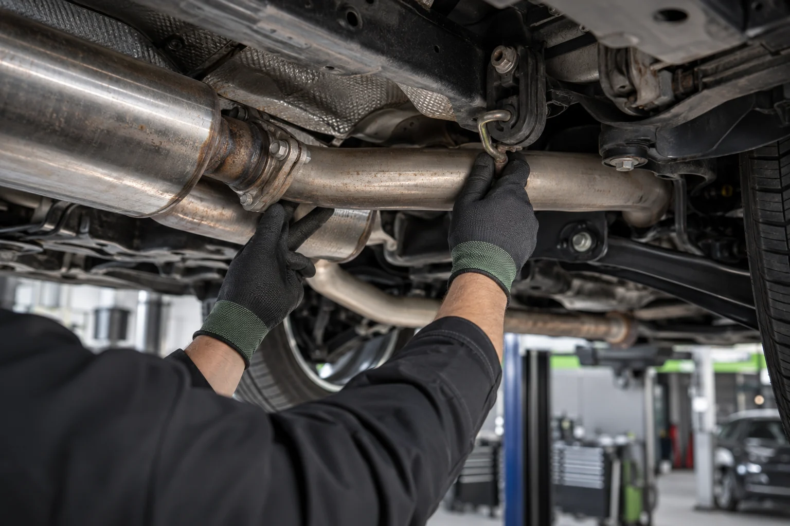 Technician checking exhaust hanger and fitment