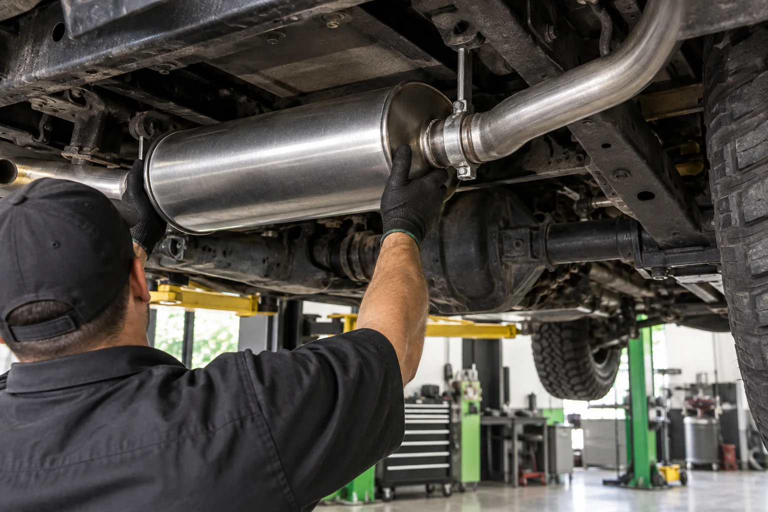 Muffler fitment being checked beneath a truck