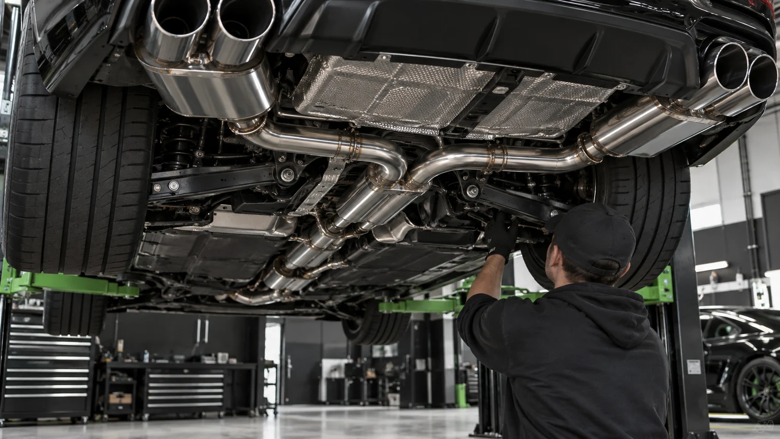 Completed custom exhaust routing beneath a vehicle