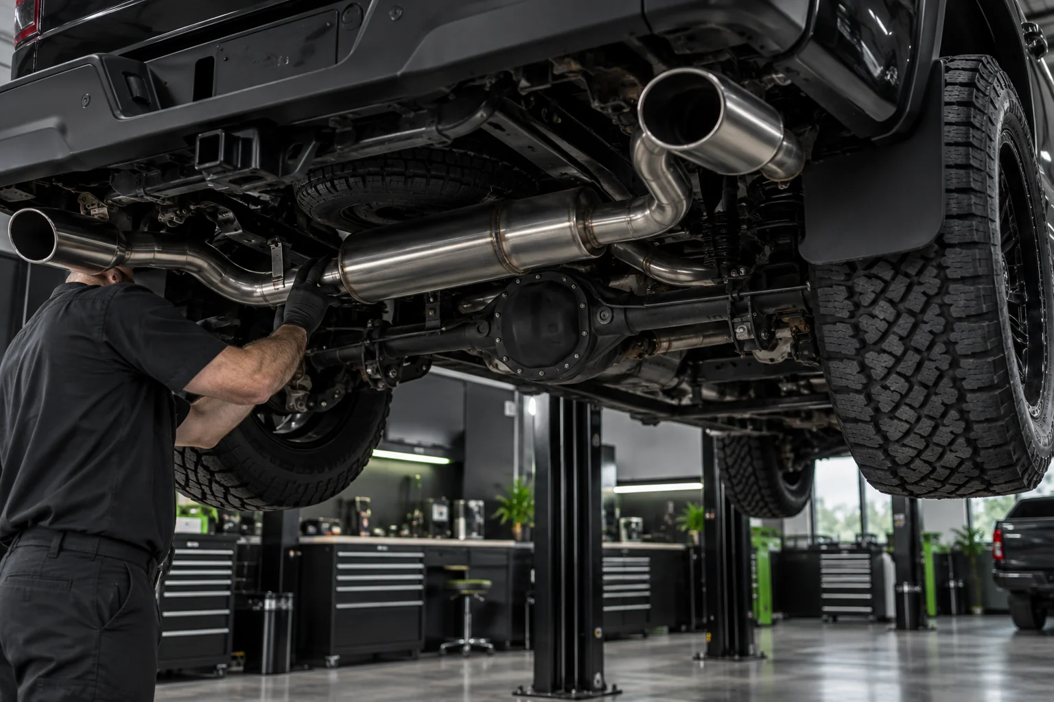 Custom exhaust inspection beneath a pickup truck