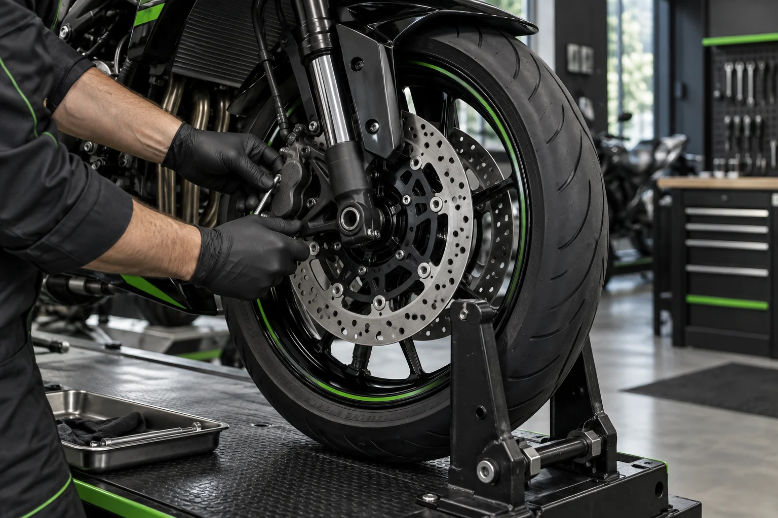 Technician inspecting motorcycle brakes