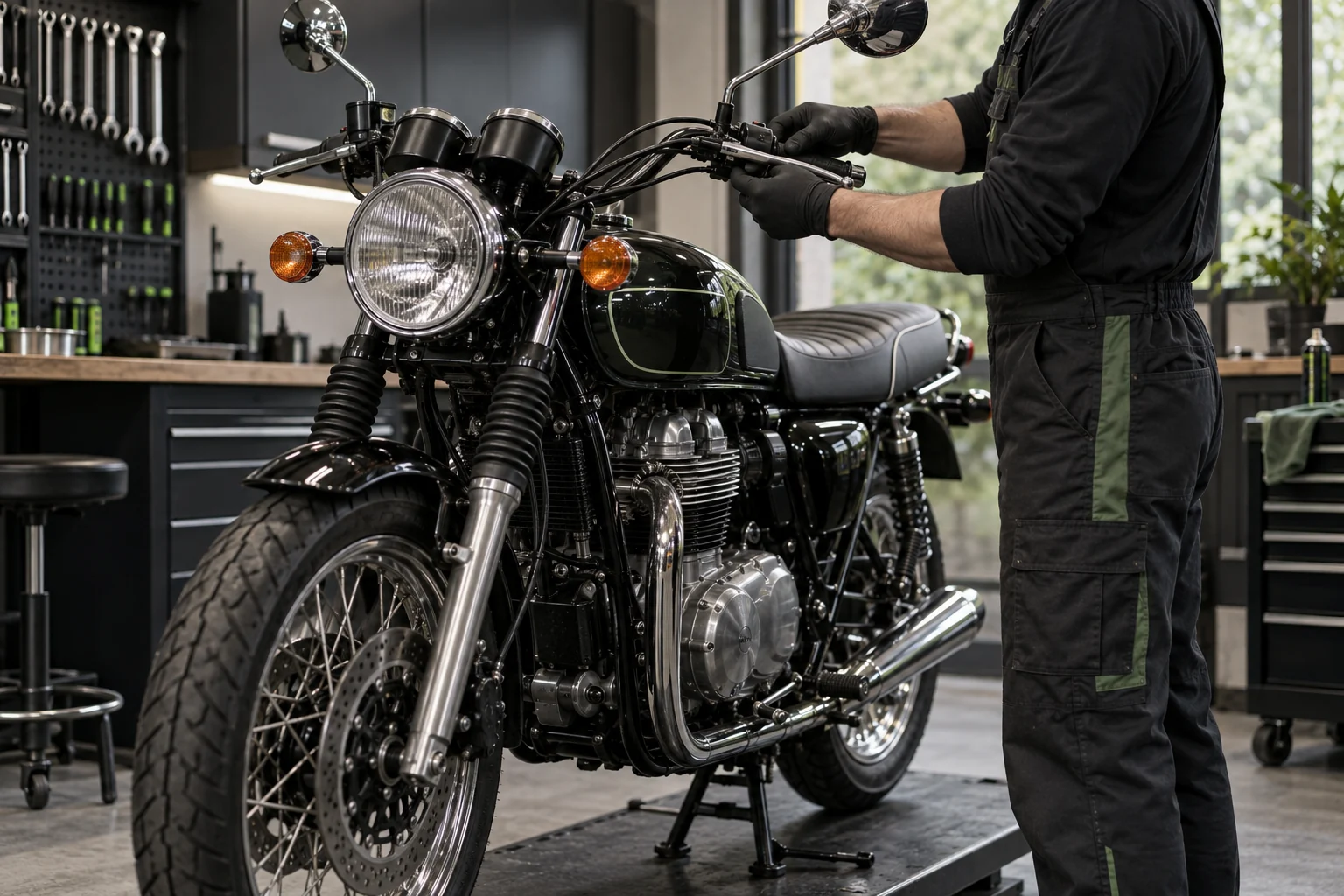Technician inspecting motorcycle controls and cables
