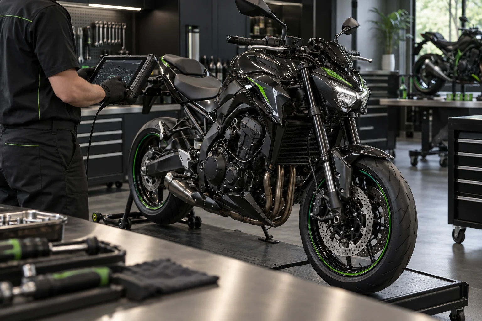 Technician diagnosing motorcycle rideability concerns
