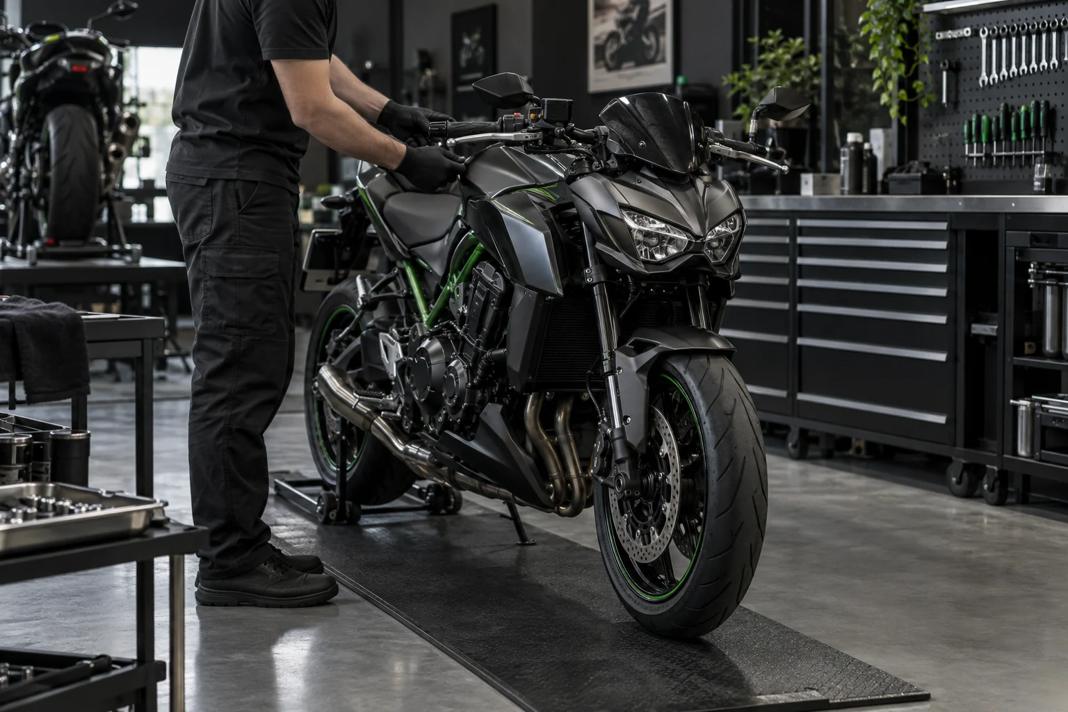 Motorcycle receiving a careful service inspection