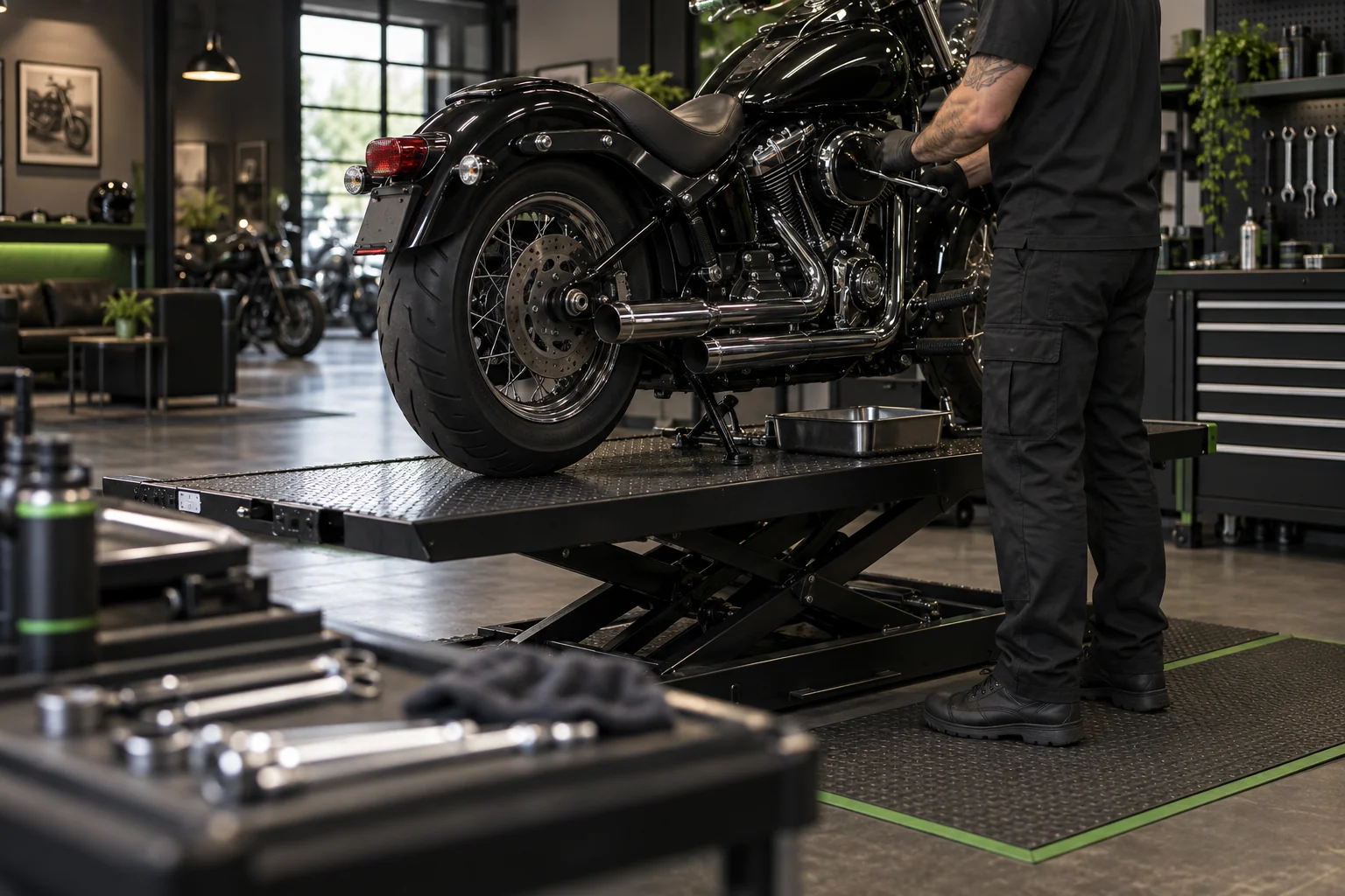Cruiser motorcycle receiving routine maintenance