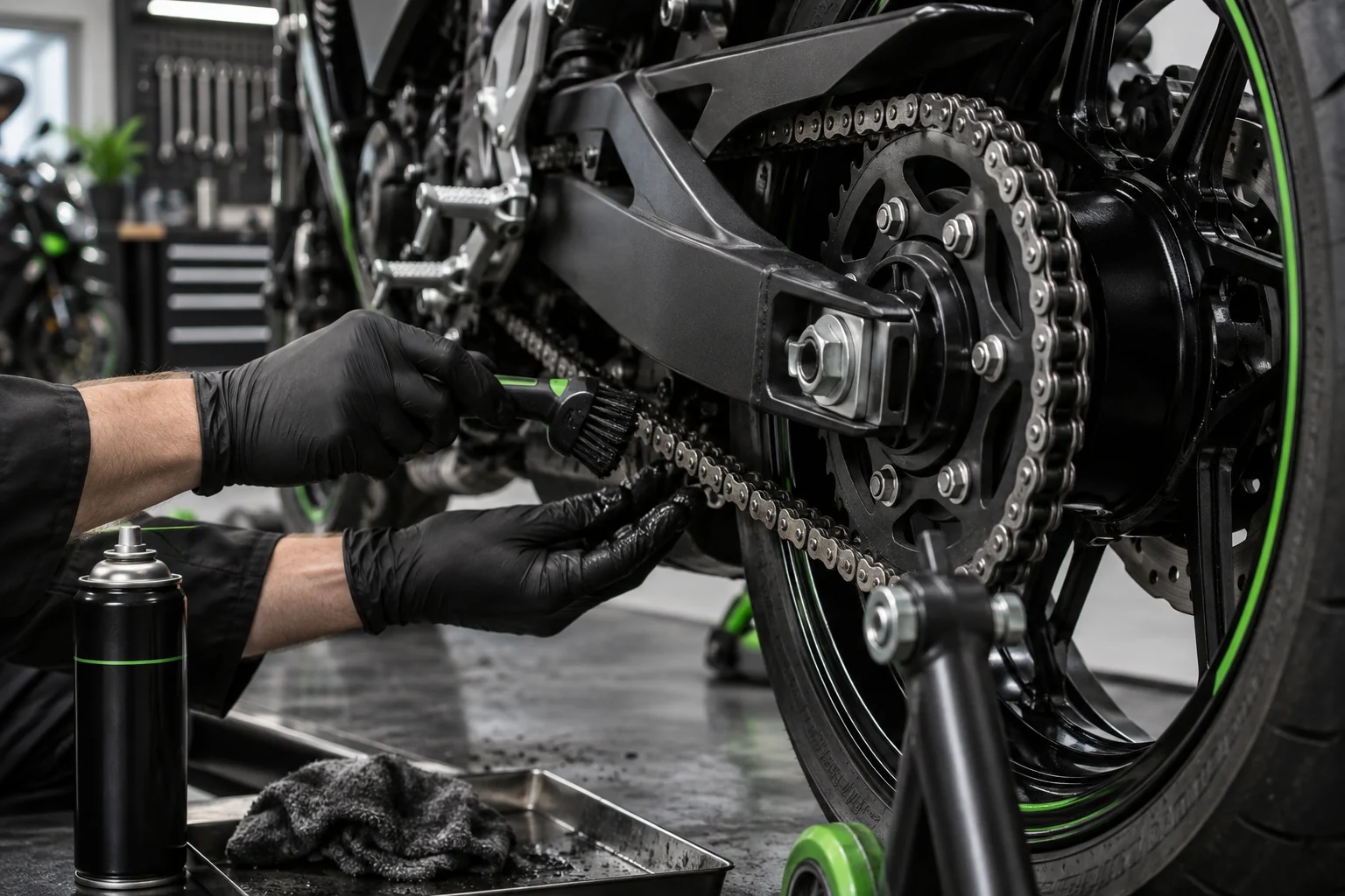 Motorcycle chain receiving careful maintenance