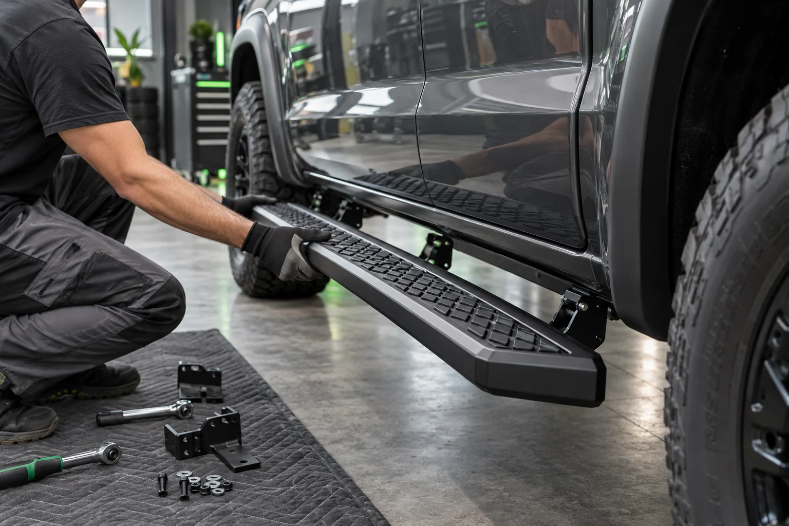 Technician fitting a truck step rail accessory