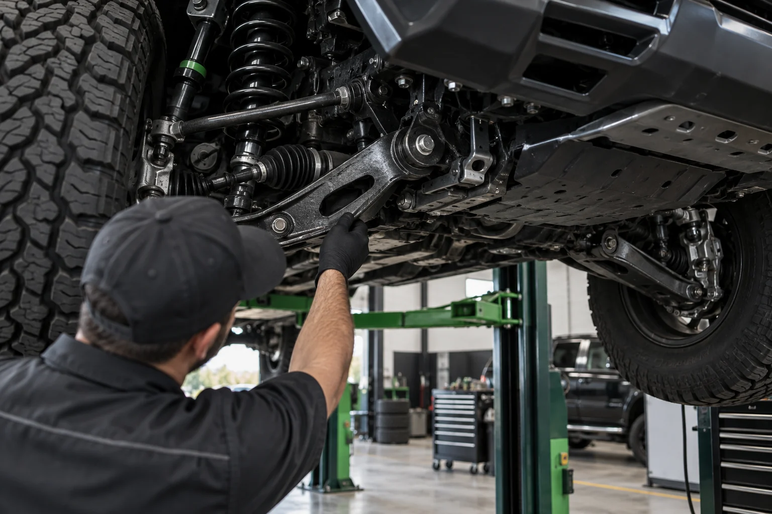Technician inspecting suspension components