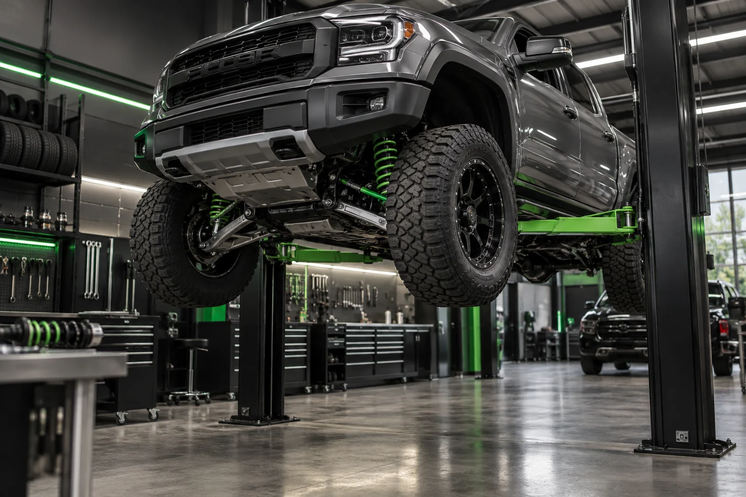 Pickup truck on a lift with upgraded suspension