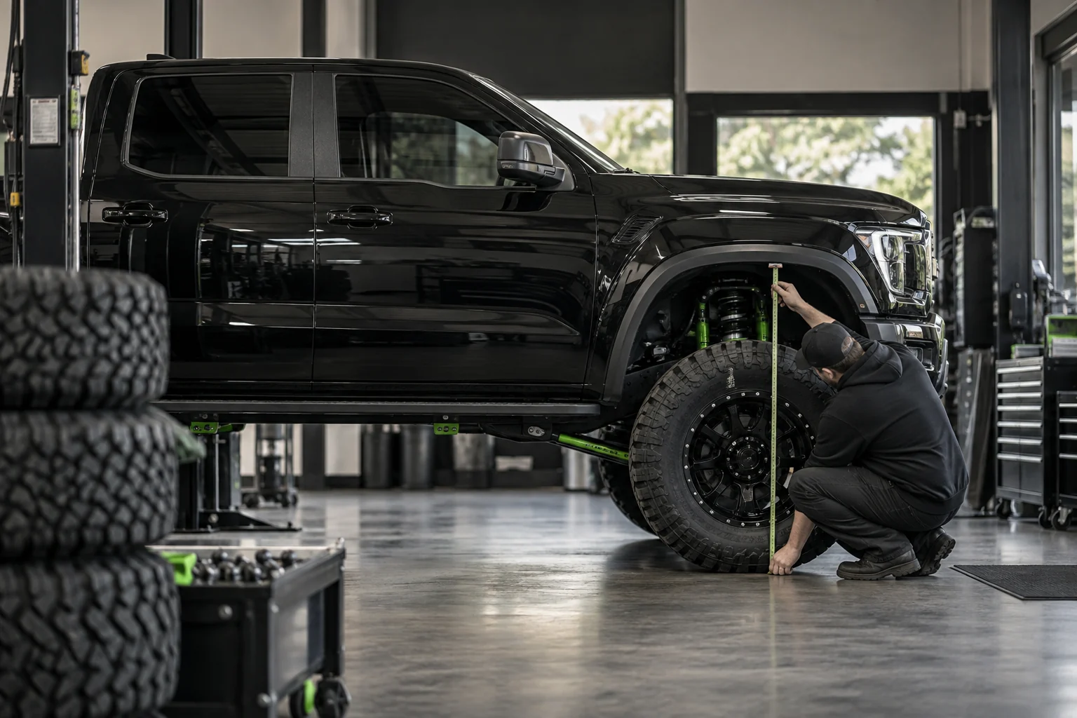 Technician measuring pickup truck ride height