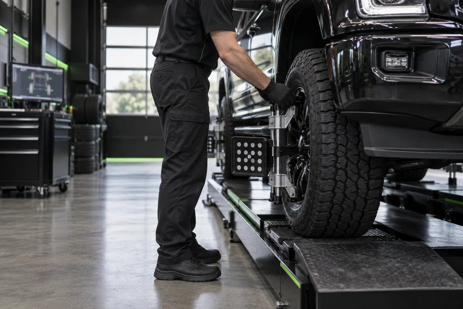 Technician checking pickup truck alignment
