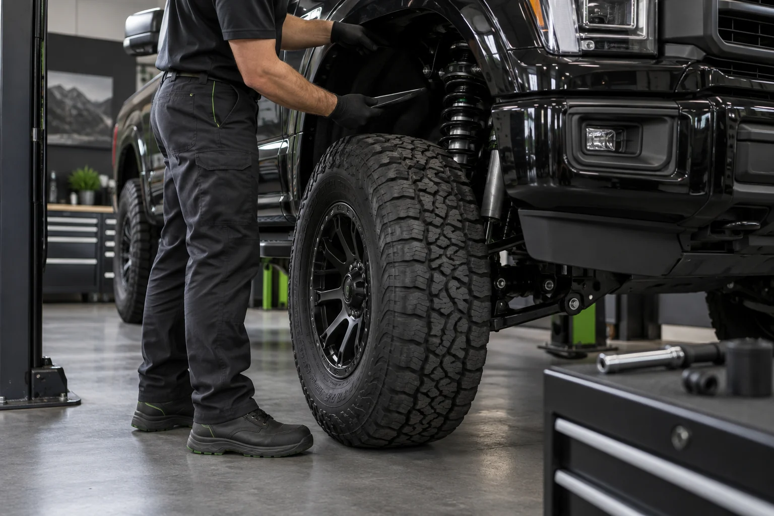 Technician inspecting truck suspension and ride height
