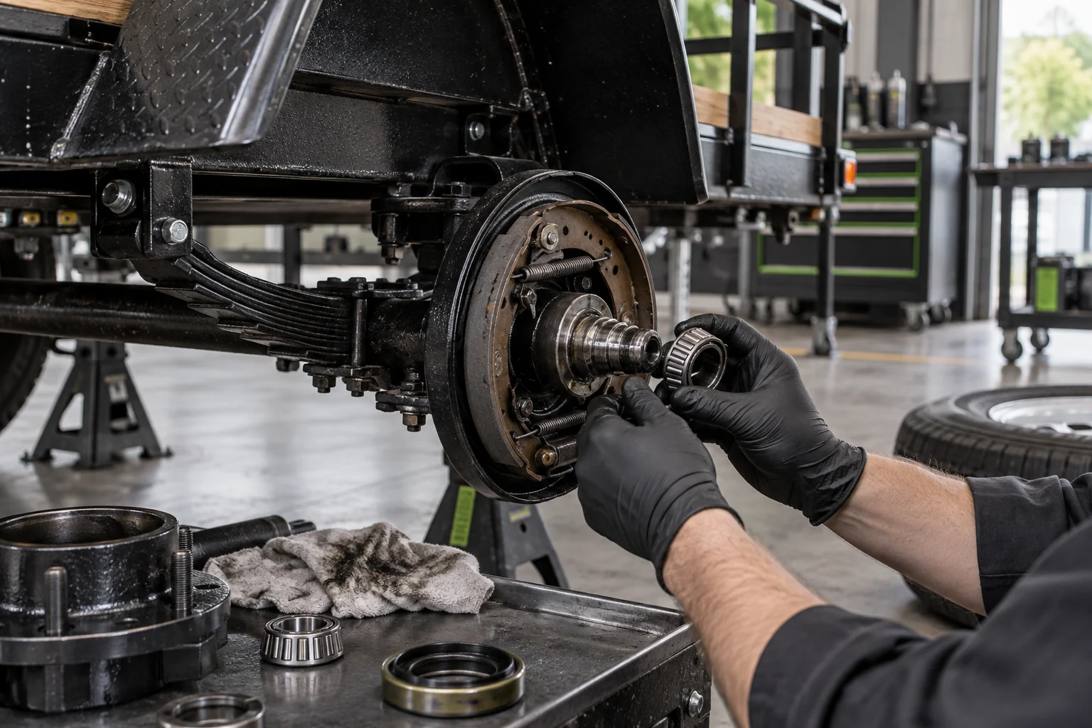 Technician servicing a trailer wheel bearing and hub