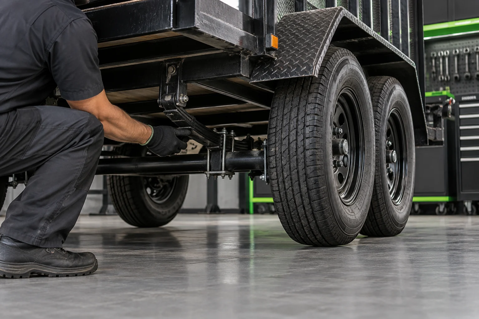 Technician checking tandem axle trailer suspension