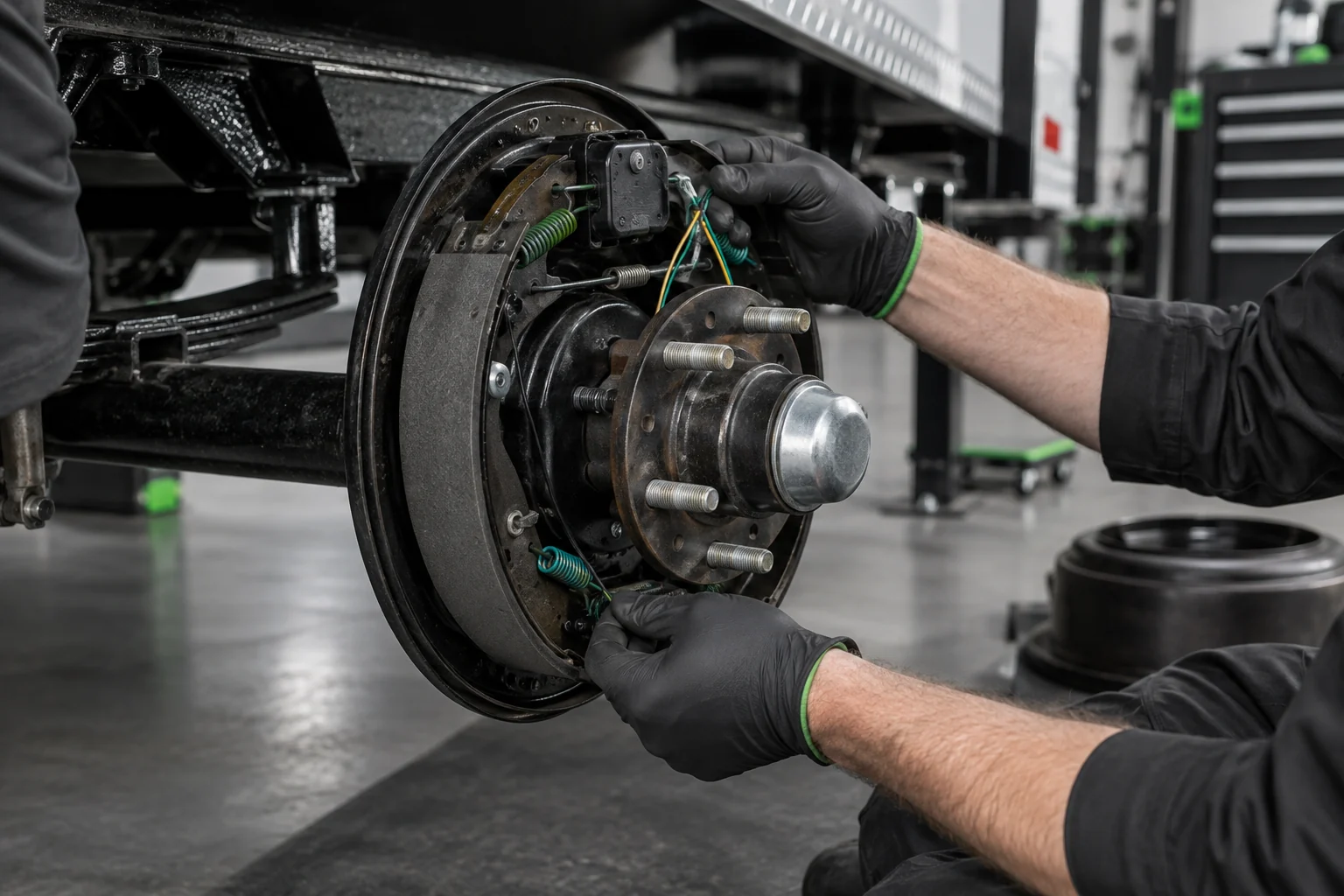 Technician inspecting trailer electric brakes and wiring