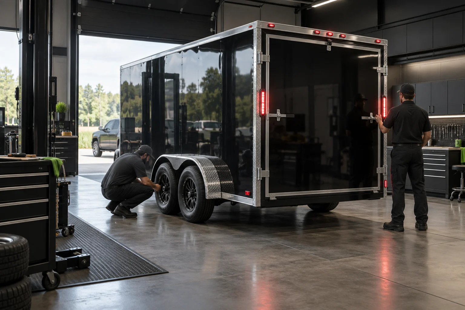 Enclosed work trailer receiving tire and light checks