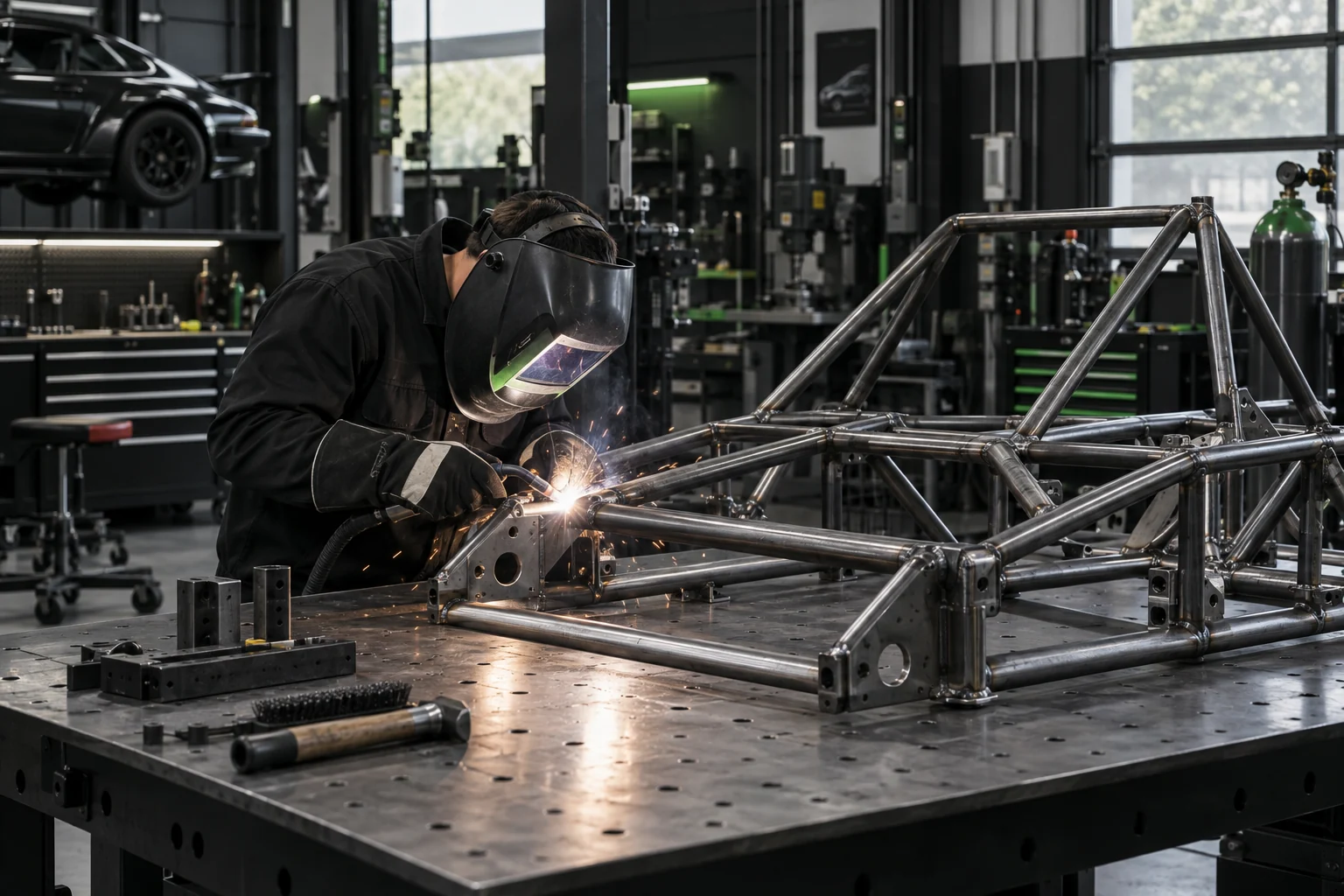 Welder building a custom steel frame