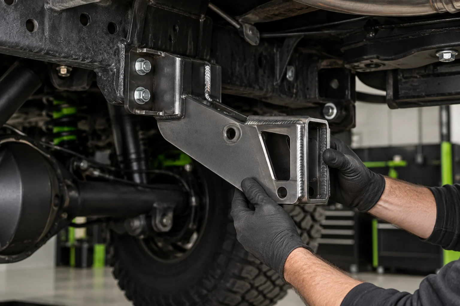Custom steel bracket being test fitted beneath a truck