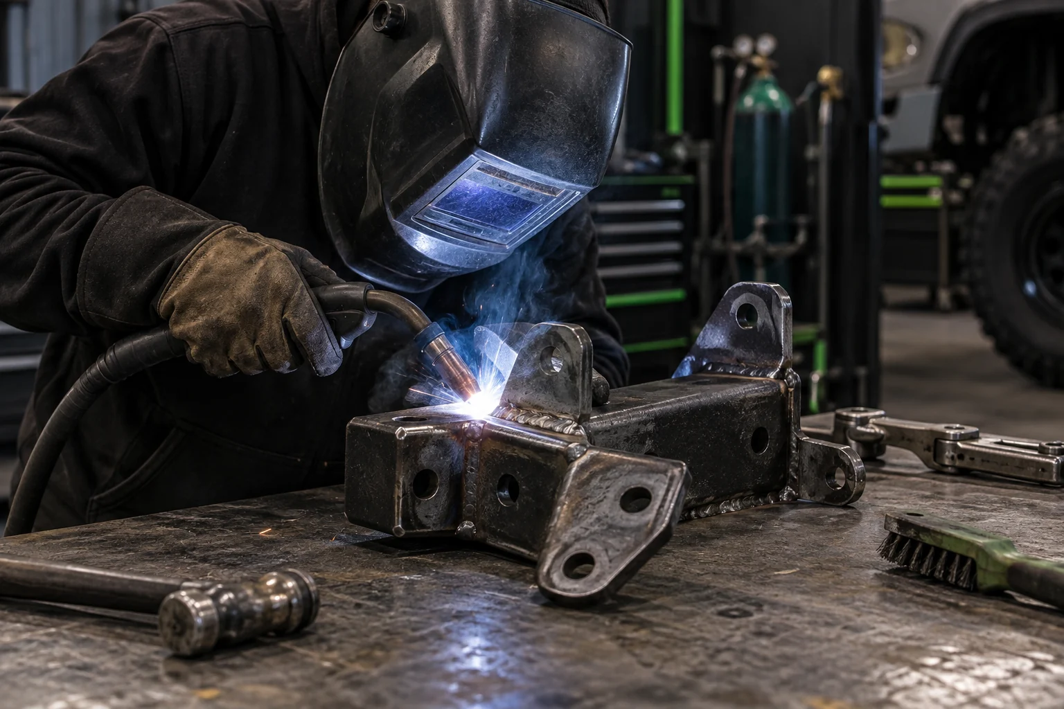 Welder repairing a steel vehicle bracket