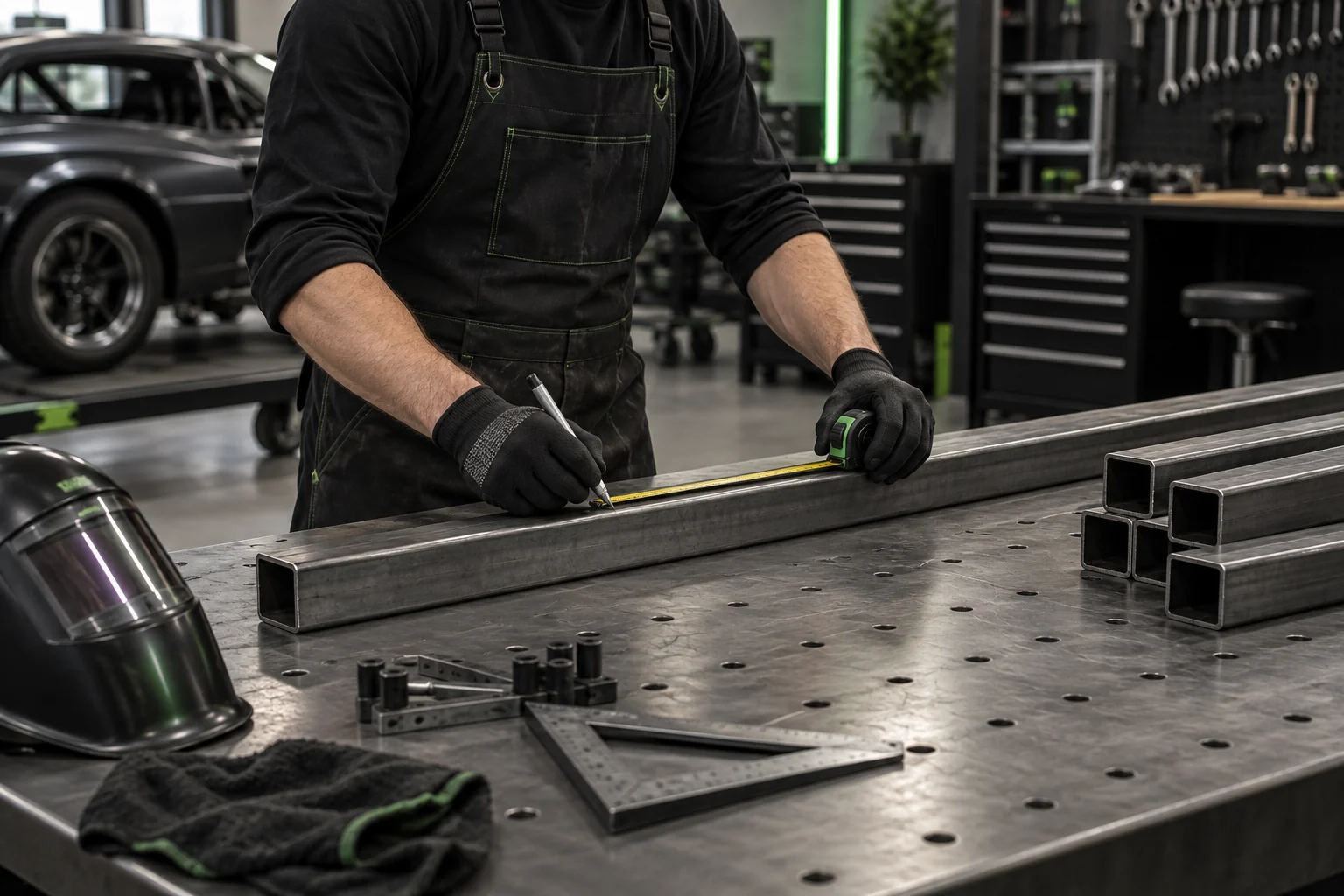 Technician measuring steel tubing for fabrication
