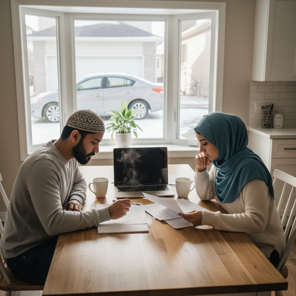Canadian couple reviewing car financing paperwork together at their kitchen table