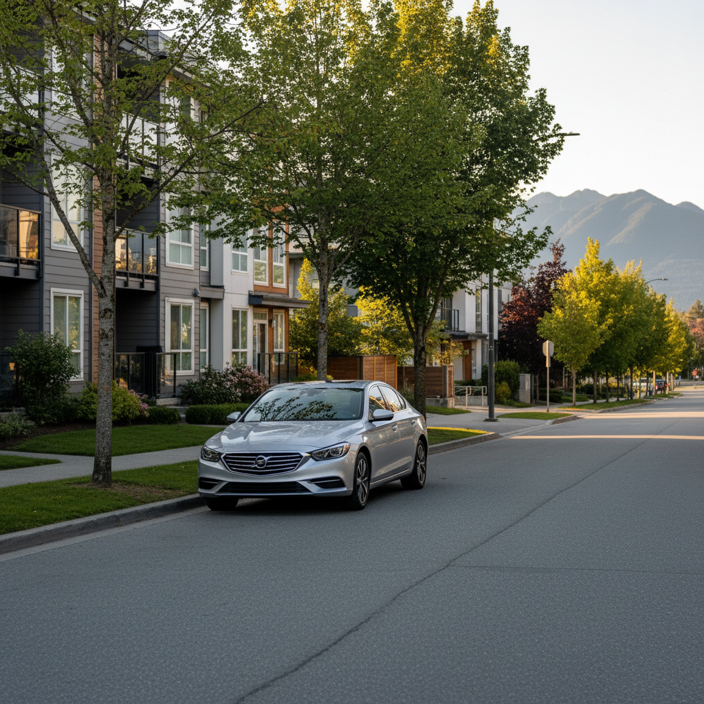 Sedan parked on a Burnaby British Columbia suburban residential street in late afternoon light