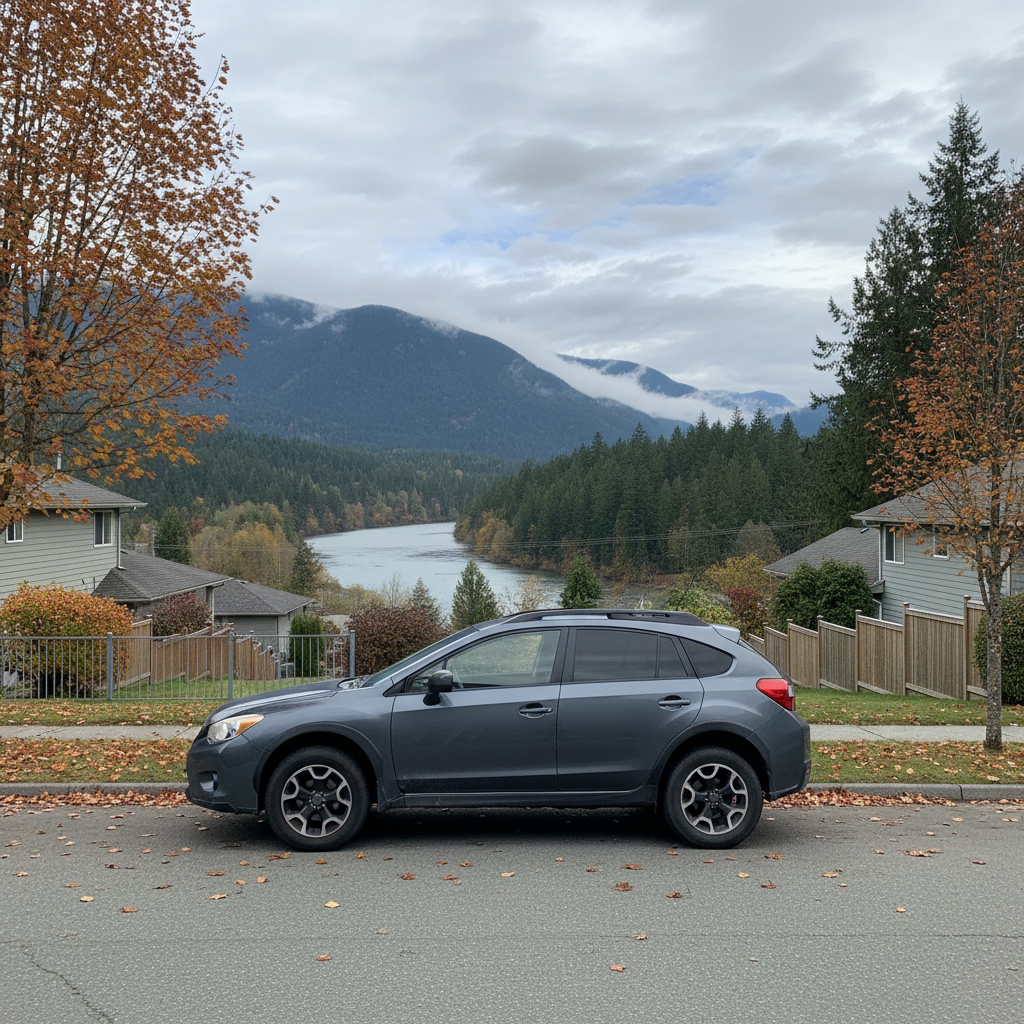 Used compact SUV parked on a residential street in Mission, BC with mountains behind