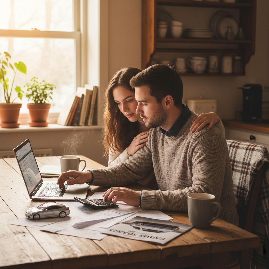 Canadian couple reviewing a household budget and car brochure at their kitchen table
