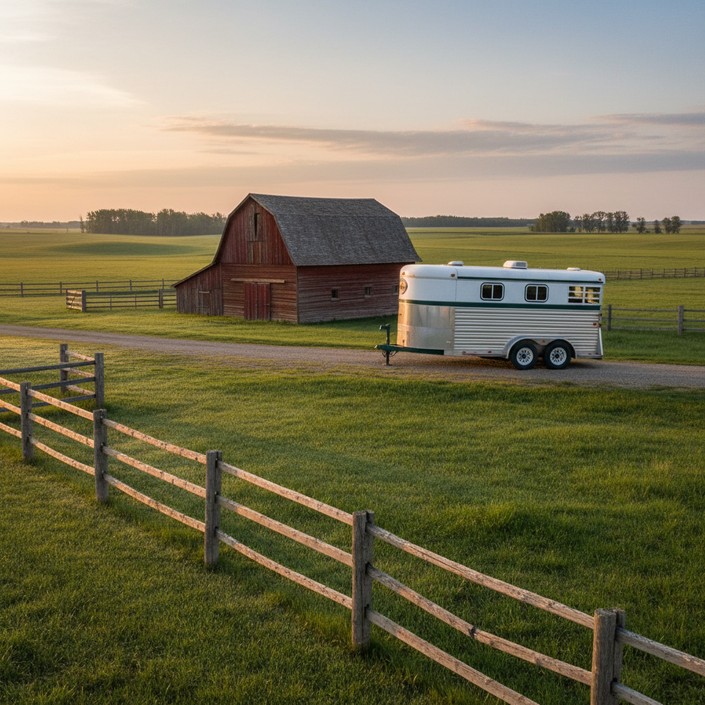 Bumper-pull horse trailer parked beside a rural Canadian prairie farm barn