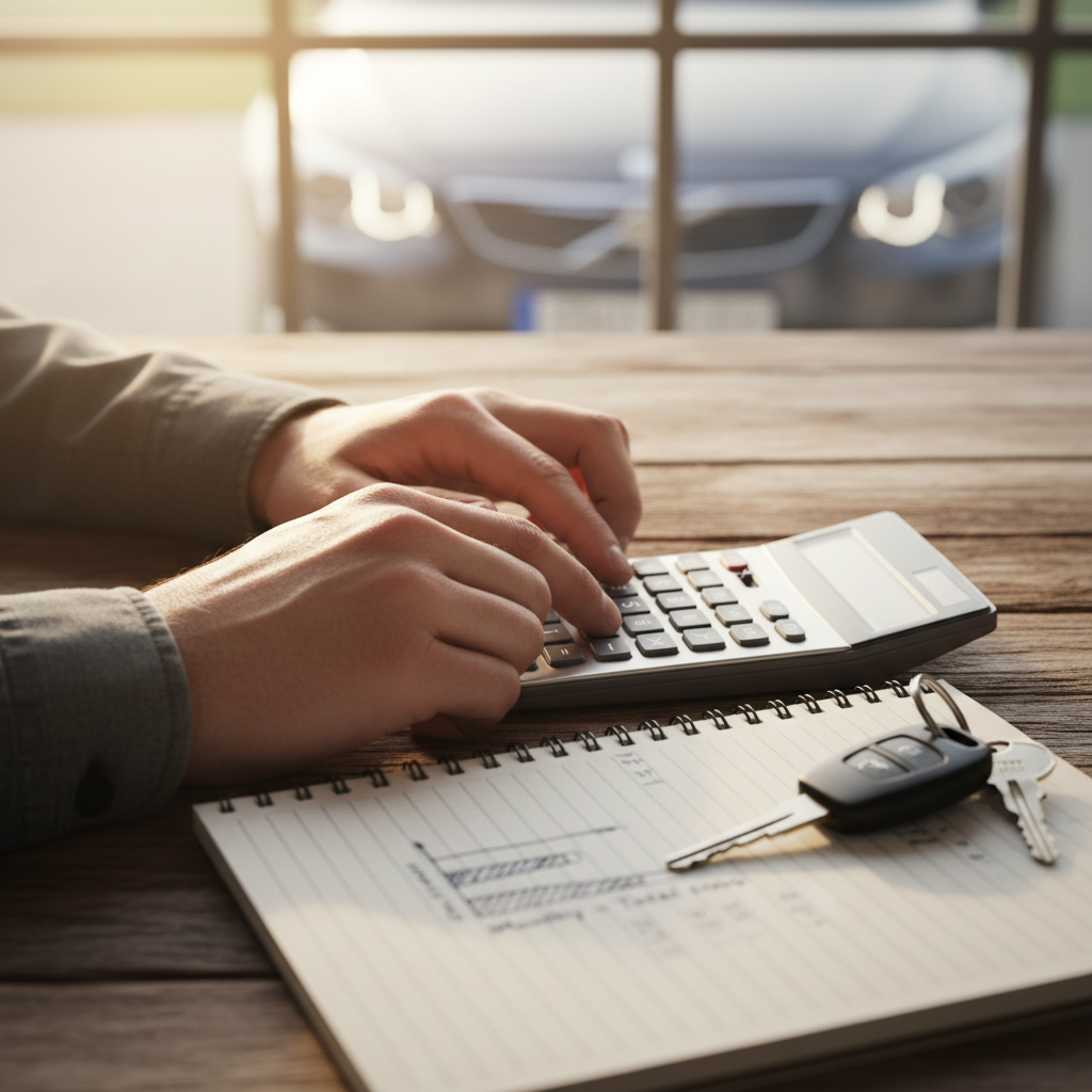 Close-up of hands using a calculator on a desk with a notepad, car keys, and a blurred vehicle in the background, illustrating how to calculate a car loan payment