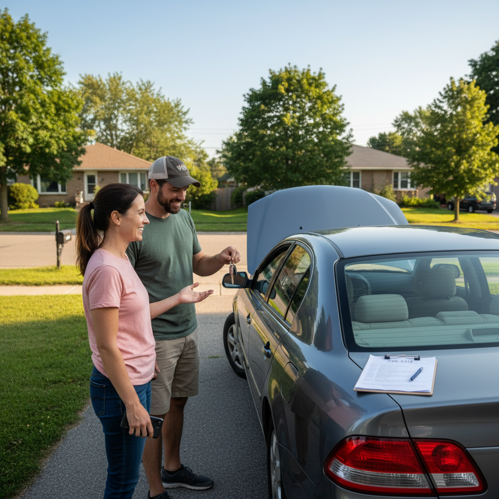 Canadian seller handing over car keys to a buyer in a driveway with sale paperwork on a clipboard