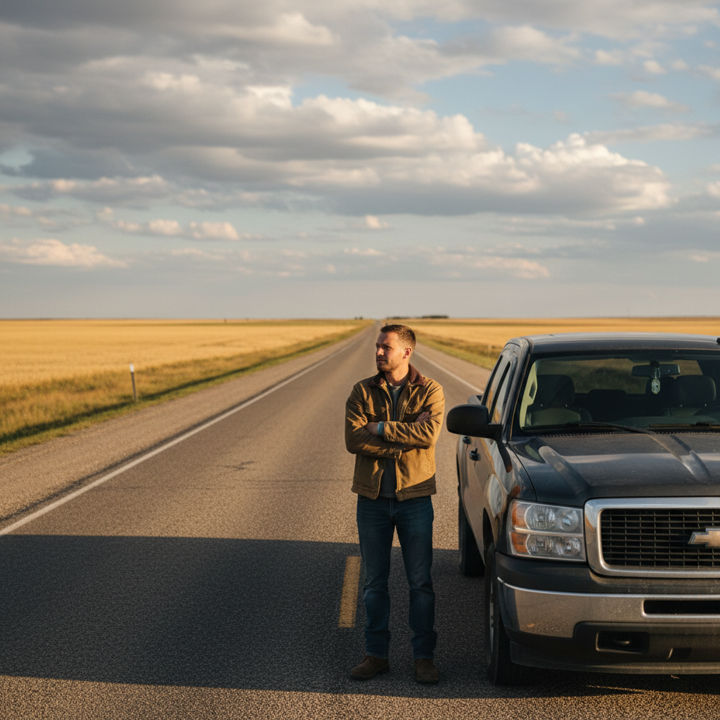 Driver with a truck on an open Saskatchewan prairie highway near Regina, representing car loan financing for Regina drivers
