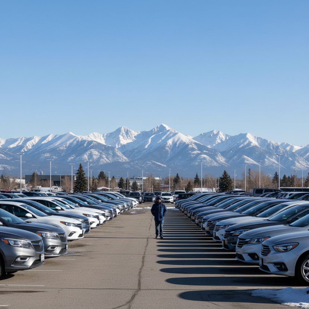 Car buyer walking through a dealership lot in Calgary, Alberta with mountains in the distance