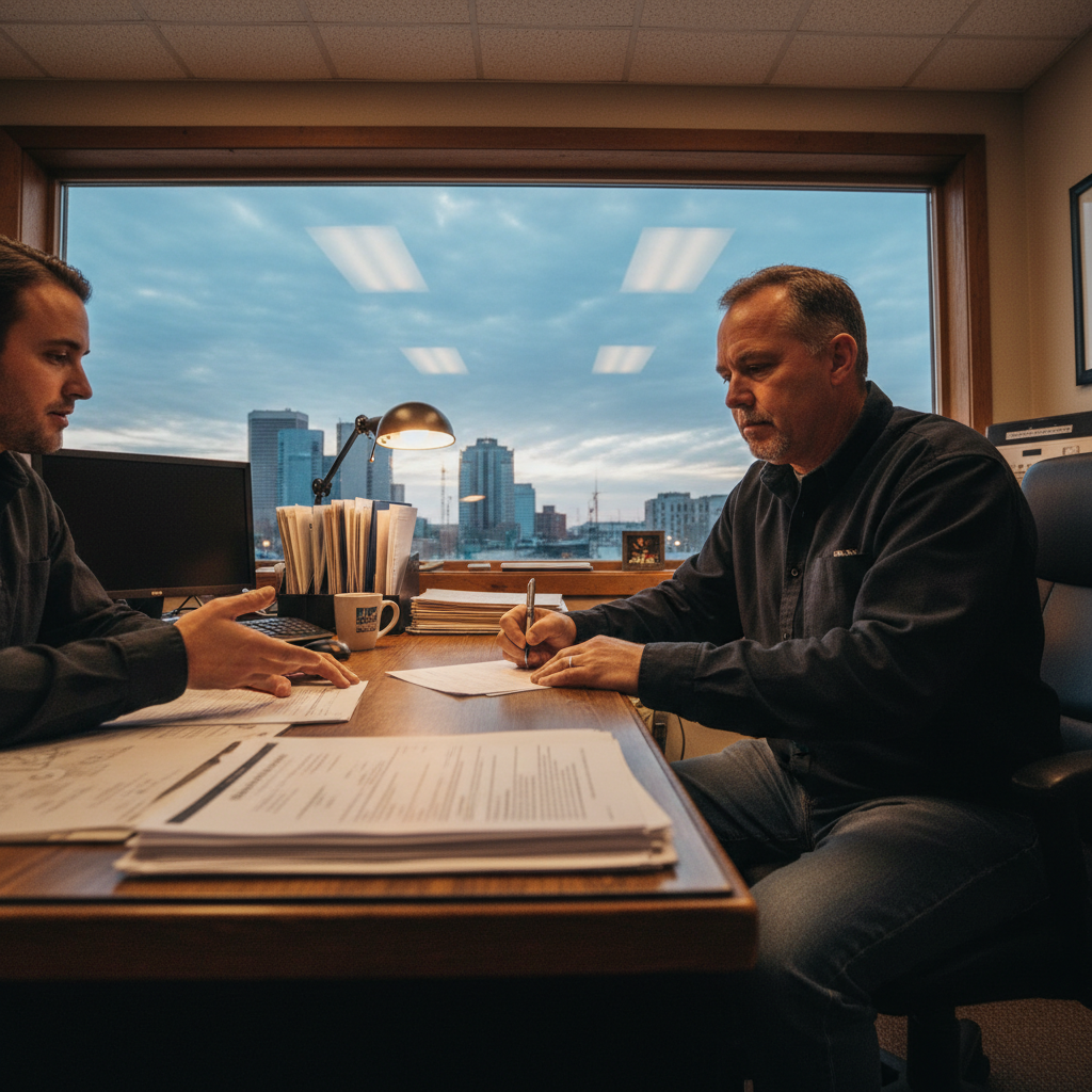 Customer signing financing paperwork at a small independent used car dealership office in Edmonton Alberta