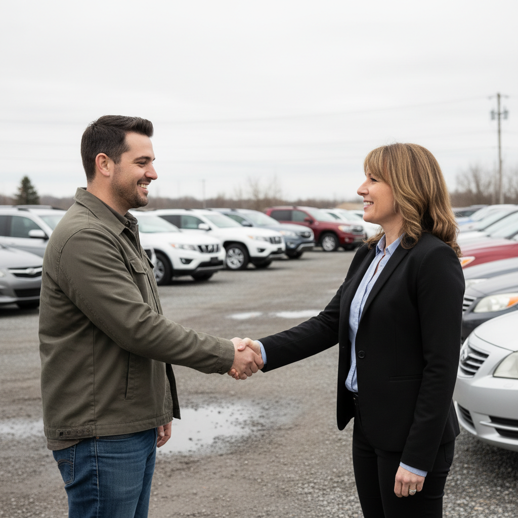 Customer and salesperson shaking hands on a used car dealership lot