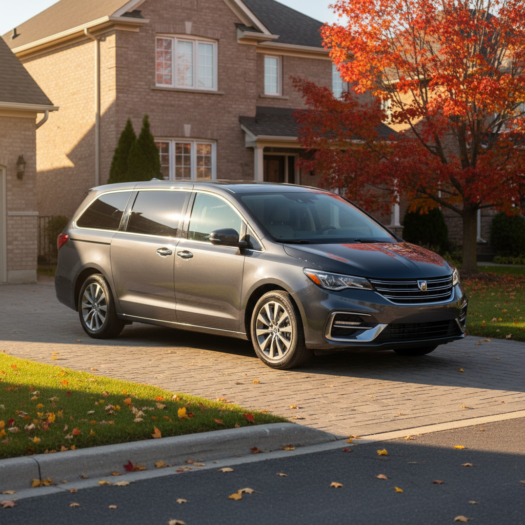 Family minivan parked in a Canadian suburban driveway on an autumn morning