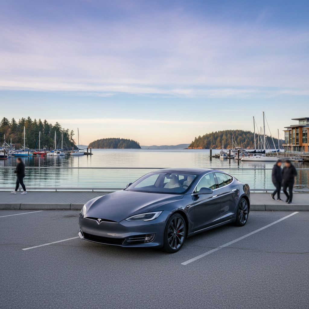 Car parked near a coastal British Columbia harbour on a clear day