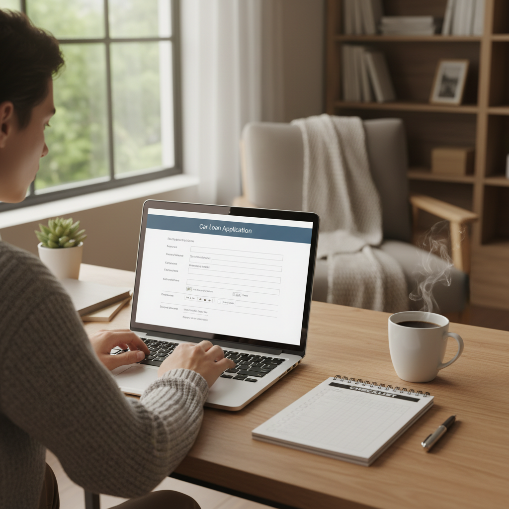 Person filling out a car loan application on a laptop at home in Canada