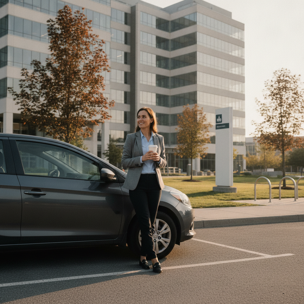 Young professional beside a compact sedan outside a Canadian office park