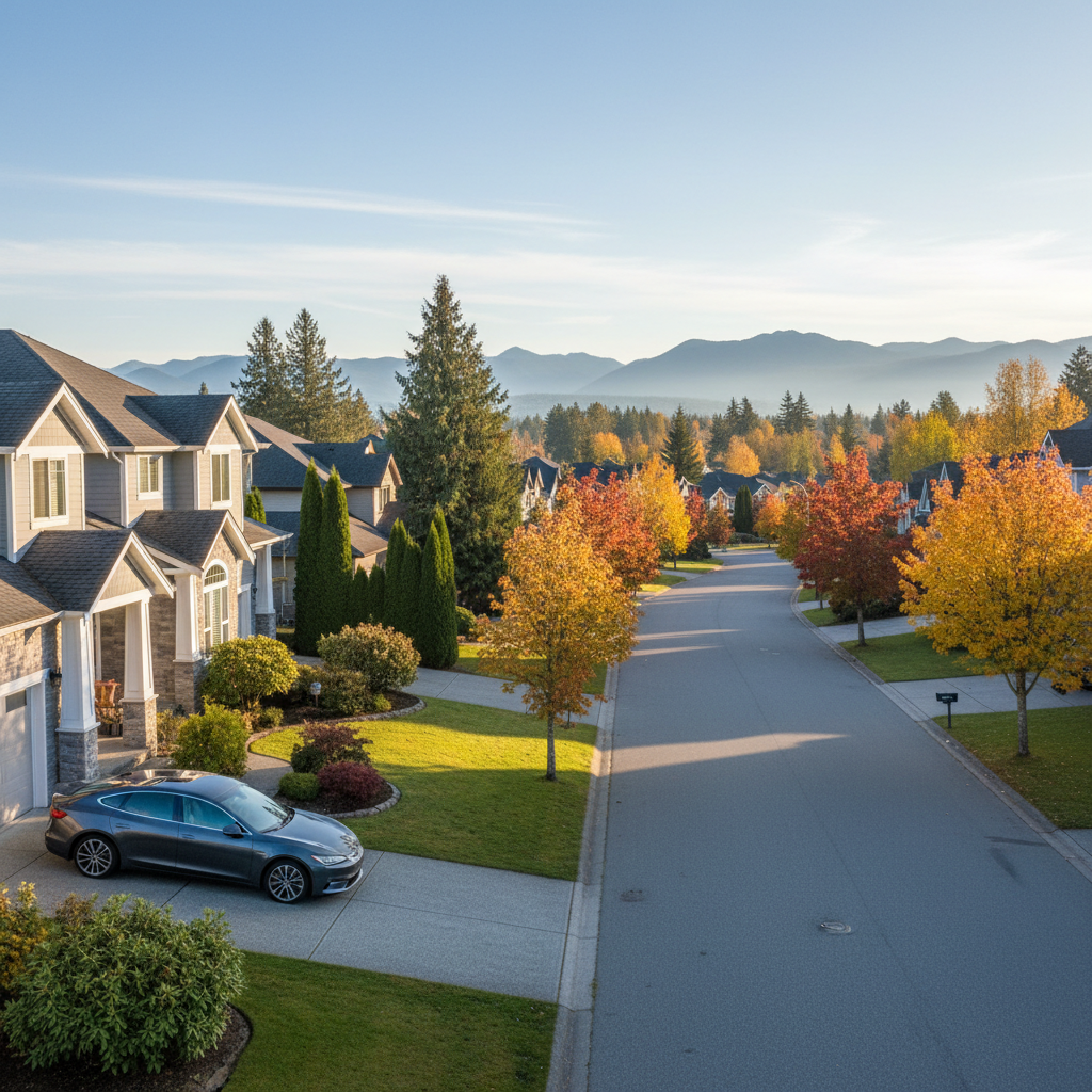 Sedan parked in a Langley British Columbia suburban driveway on an autumn morning