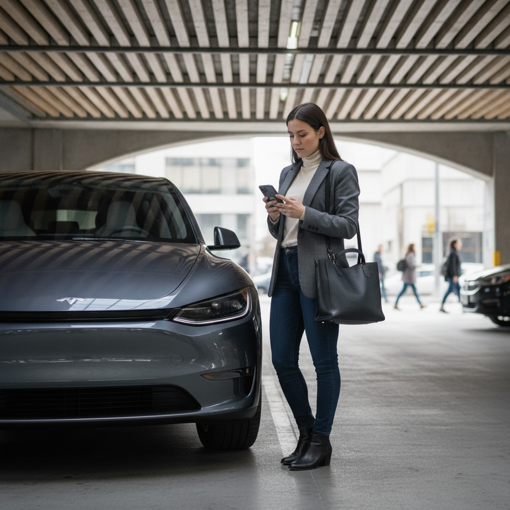 Woman checking a car subscription app on her phone beside a parked SUV in a Canadian parking garage