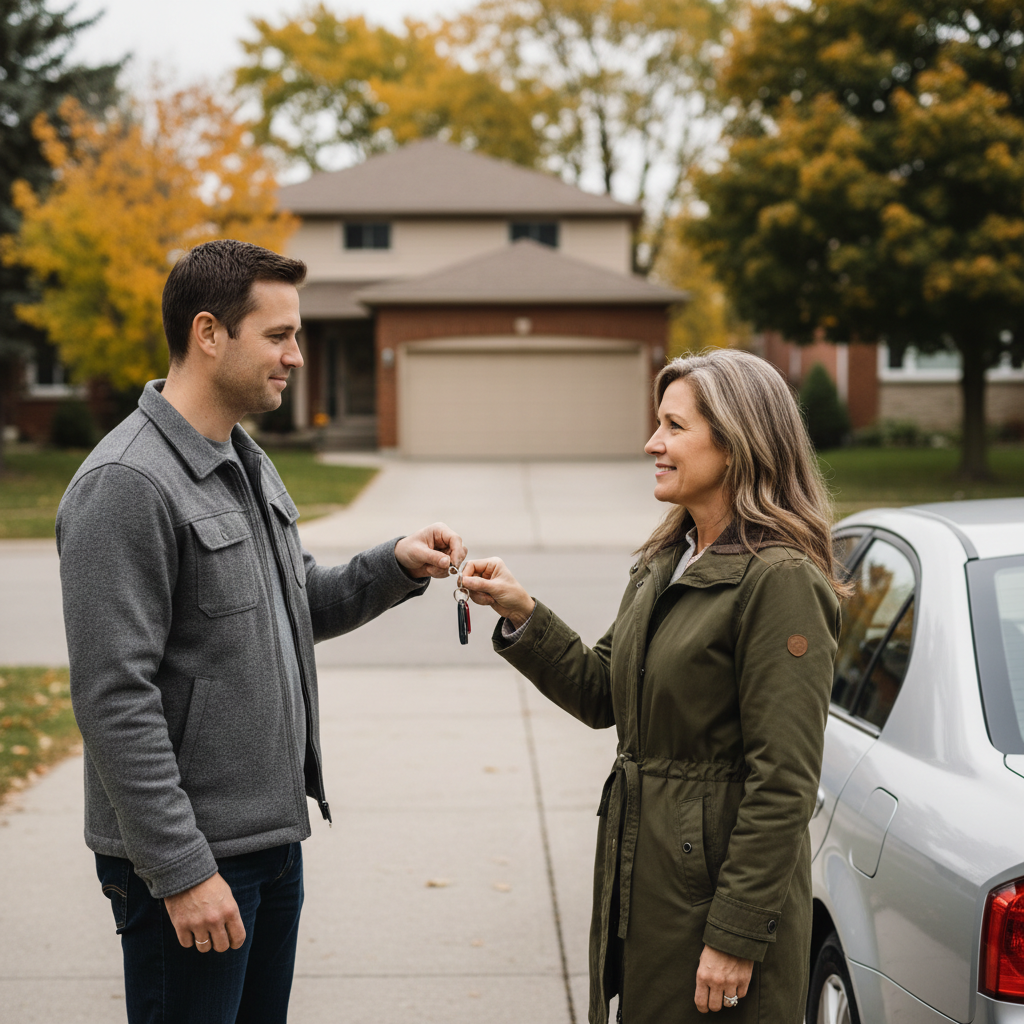 Two people exchanging car keys in a suburban Canadian driveway after a private vehicle sale