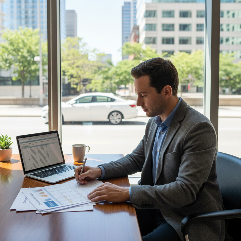 Canadian sales professional reviewing commission documents at an office desk with a sedan visible outside