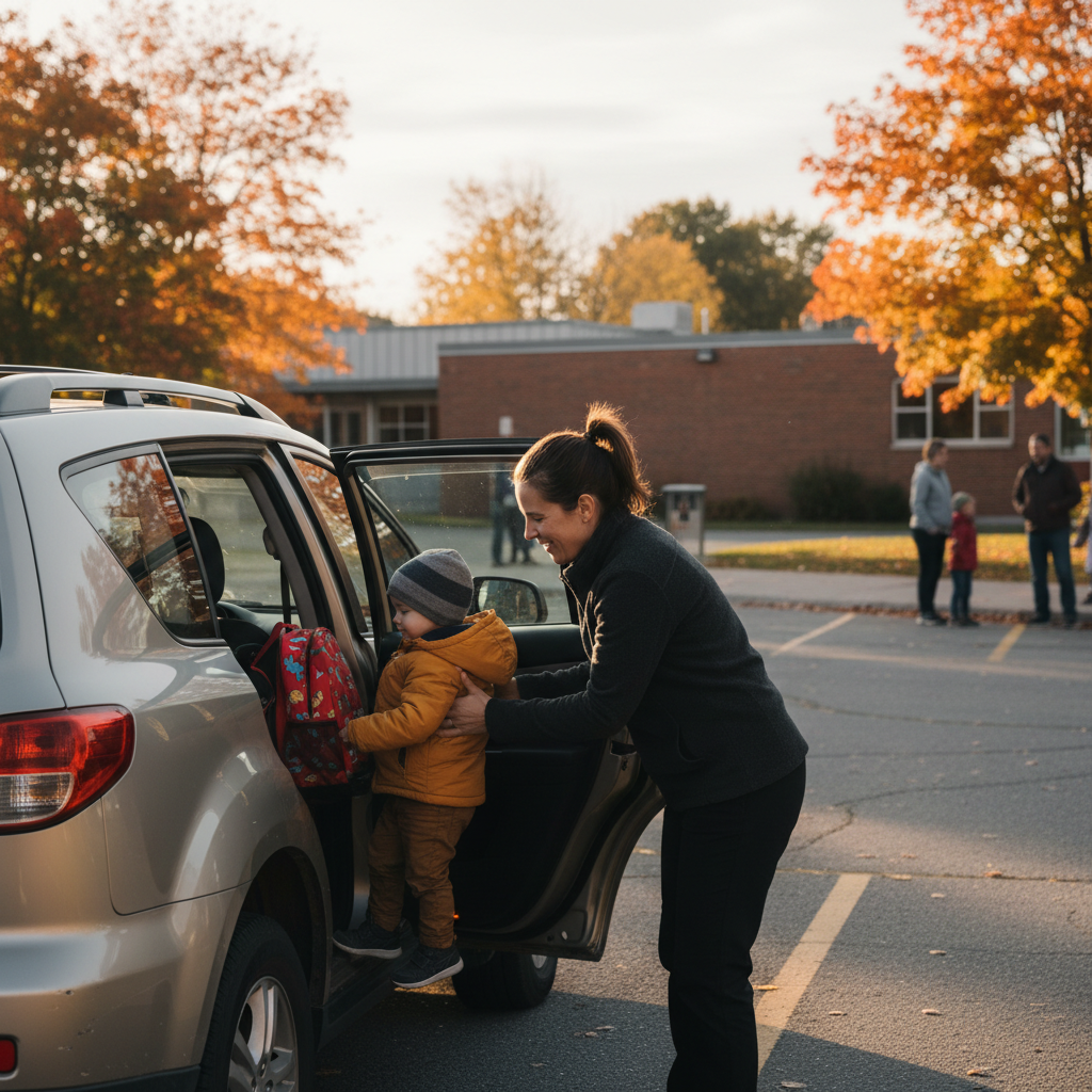 Single parent helping a child into a crossover at a Canadian school pickup