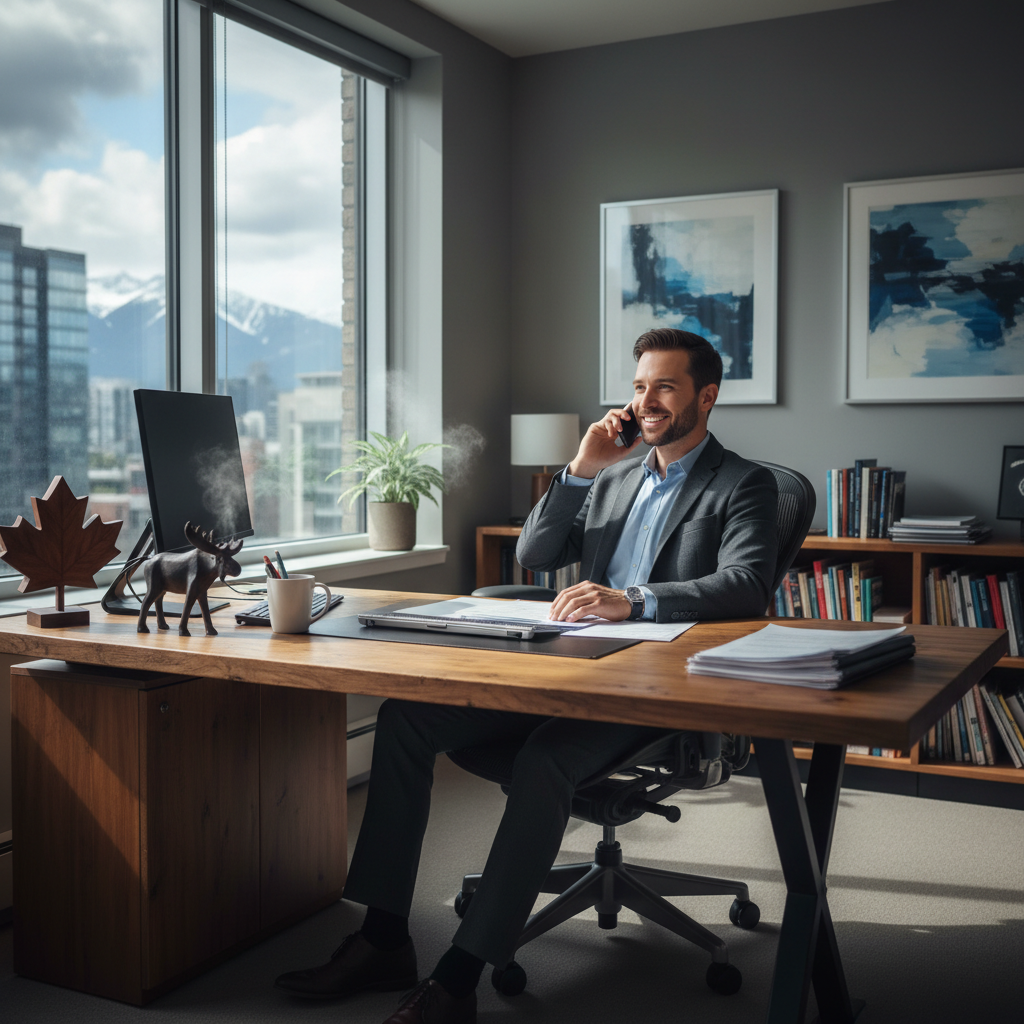 Person reviewing paperwork on the phone at an office desk in Canada
