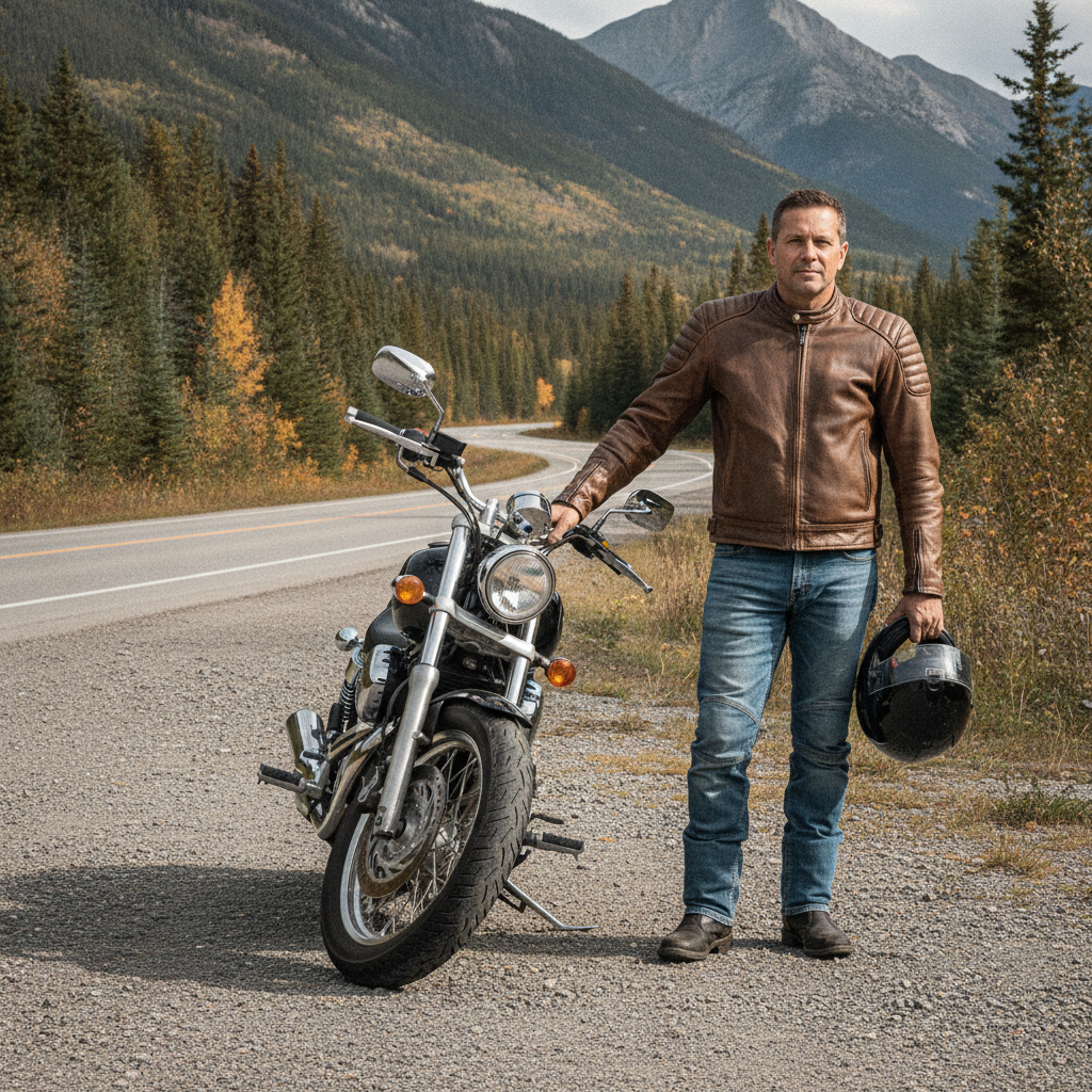 Rider standing beside a street motorcycle with helmet in hand on a scenic Canadian roadside pull-off