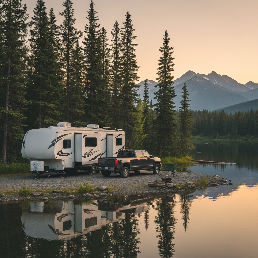 White fifth wheel trailer and pickup truck at a lakeside campsite in the mountains of western Canada