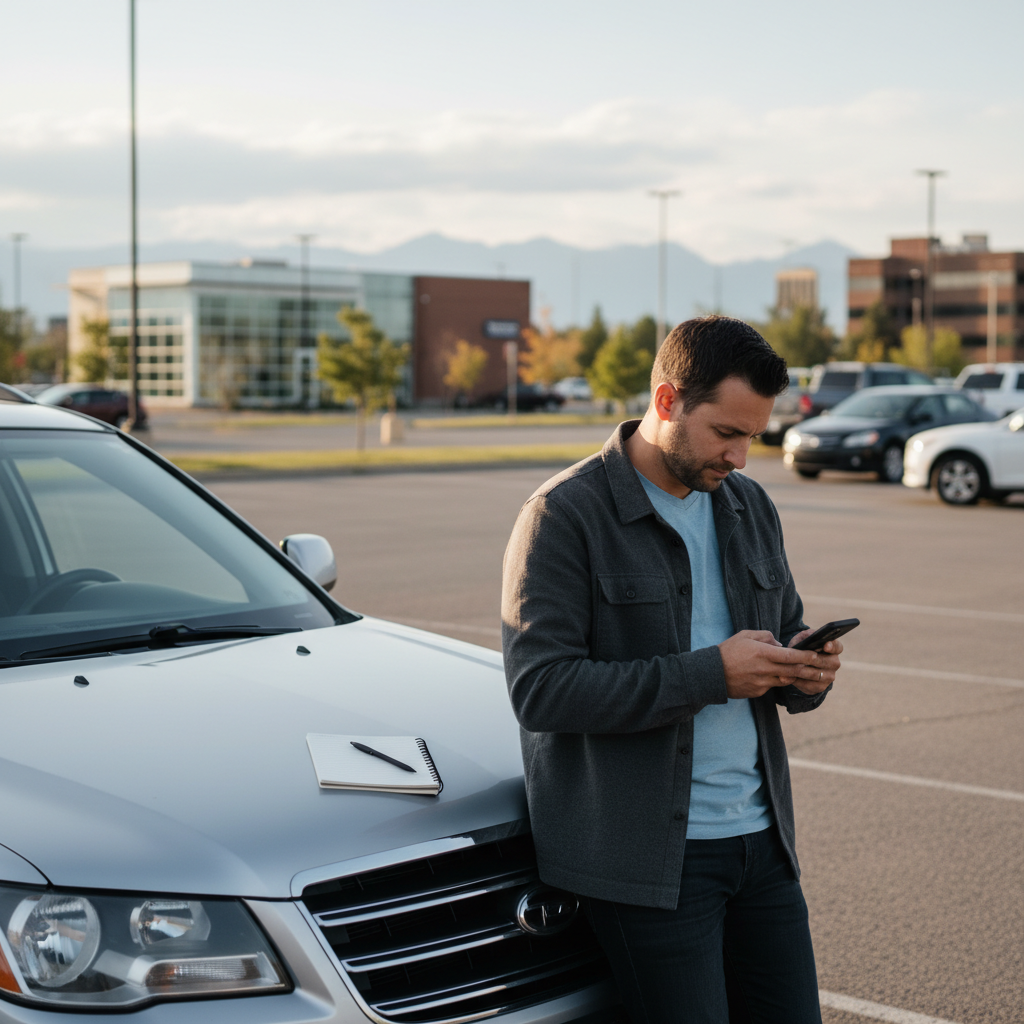 Person checking car loan payment numbers on a smartphone beside a parked SUV in an Alberta dealership lot